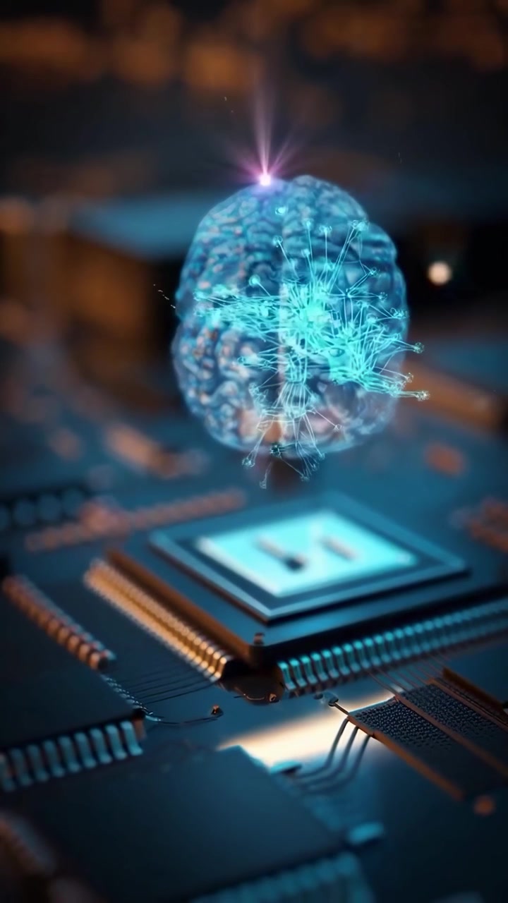 Holographic Human Brain Floating Above a Computer Processor Chip