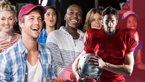 animation of male american football player over happy diverse sport fans watching game at bar