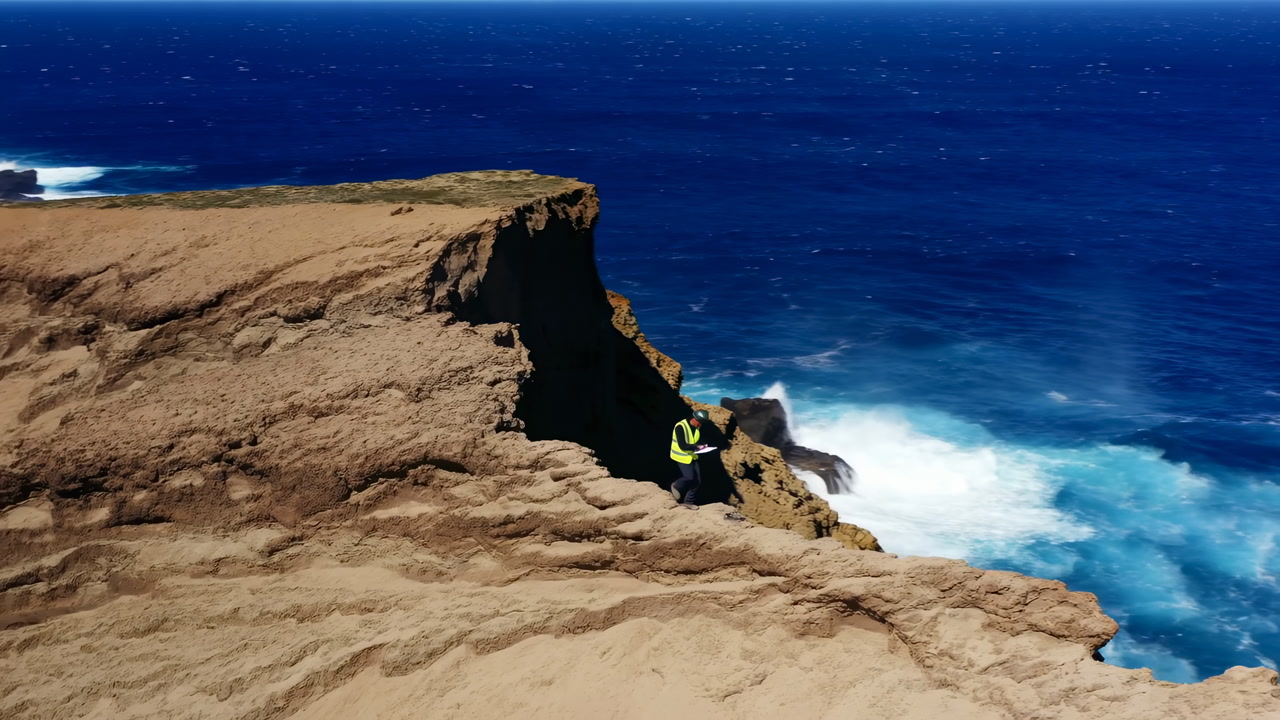 Hiker On Coastal Cliff Overlooking Ocean Wearing Fluorescent Vest Near Eroded Bluff While Waves Crash