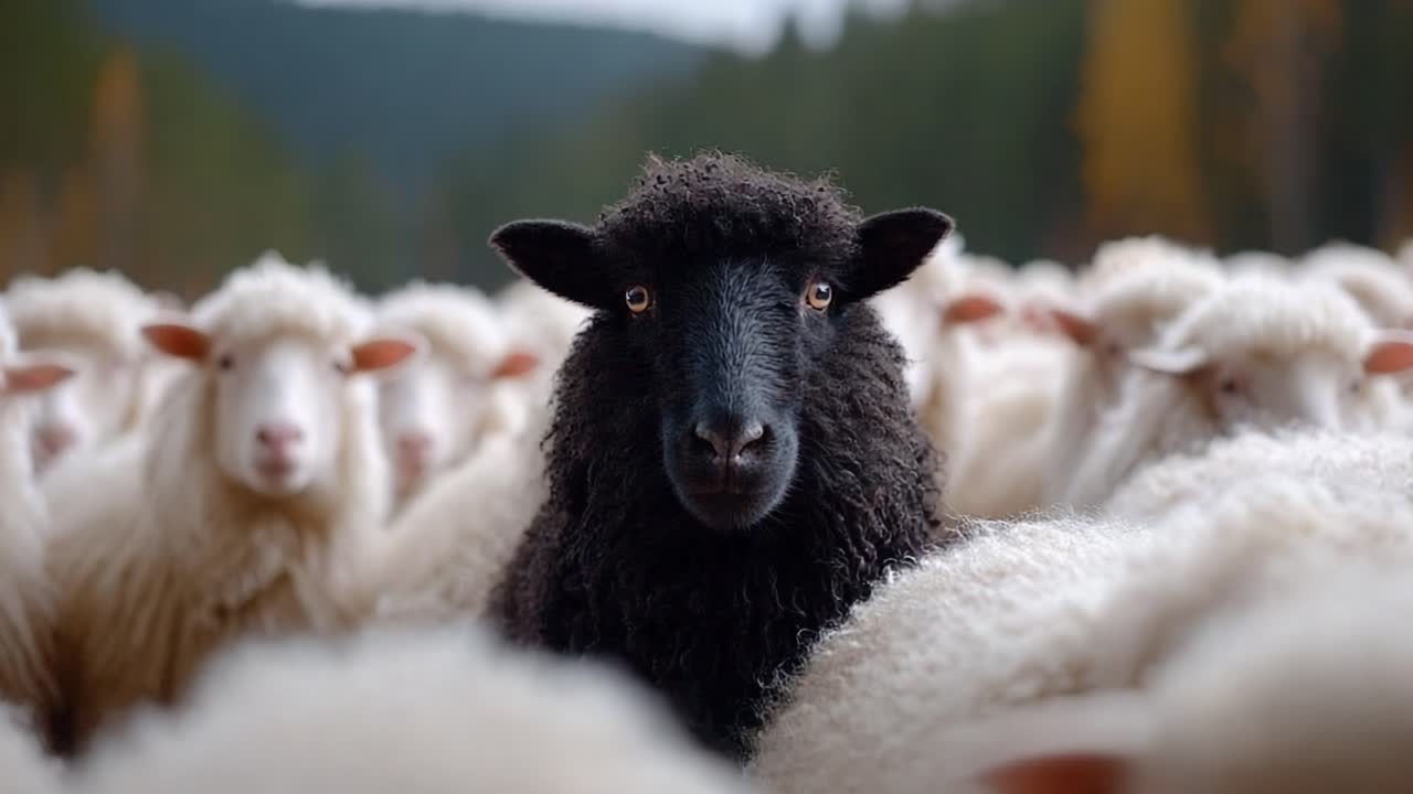 A solitary black sheep stands out among a flock of white sheep in a serene landscape, showcasing the contrast in color and individuality within a herd