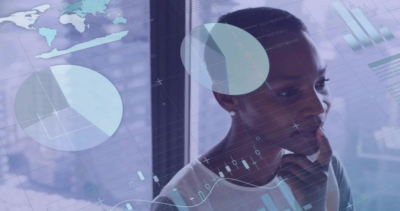 Animation of financial data processing over african american businesswoman