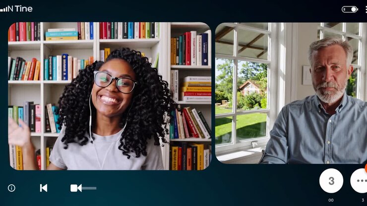 Video call interface showing two people. Split-screen layout with a woman waving and a man