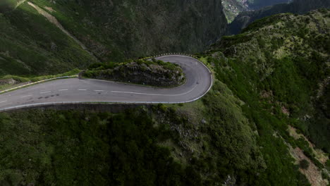 overhead view of a hairpin turn road in the mountain of madeira island, portugal