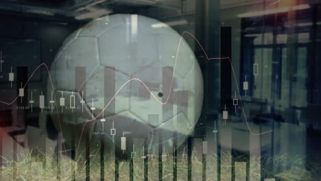 in office, soccer ball bouncing over animation of financial data charts