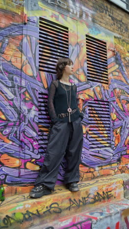 vertical video outdoor fashion portrait of young alternative style woman leaning in towards camera against graffitti covered walls of london city street uk in real time