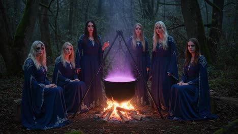a mysterious gathering of seven mystical figures in dark robes around an enchanted cauldron in a foggy forest at dusk, conjuring magic with a glowing purple potion