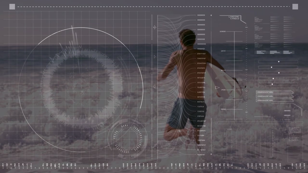 Animation of data processing over caucasian man with surfboard on beach
