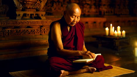 elderly buddhist monk reading sacred texts in a temple with candles