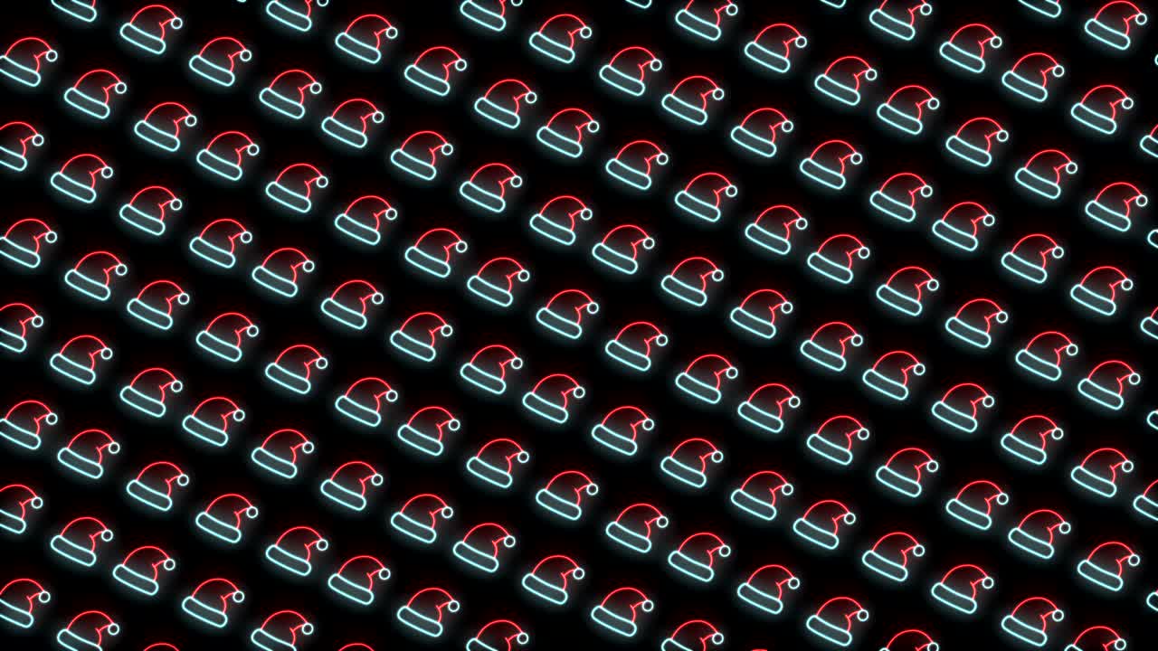 fondo de patrón navideño de neón de sombrero de santa en animación de bucle rojo, blanco y negro
