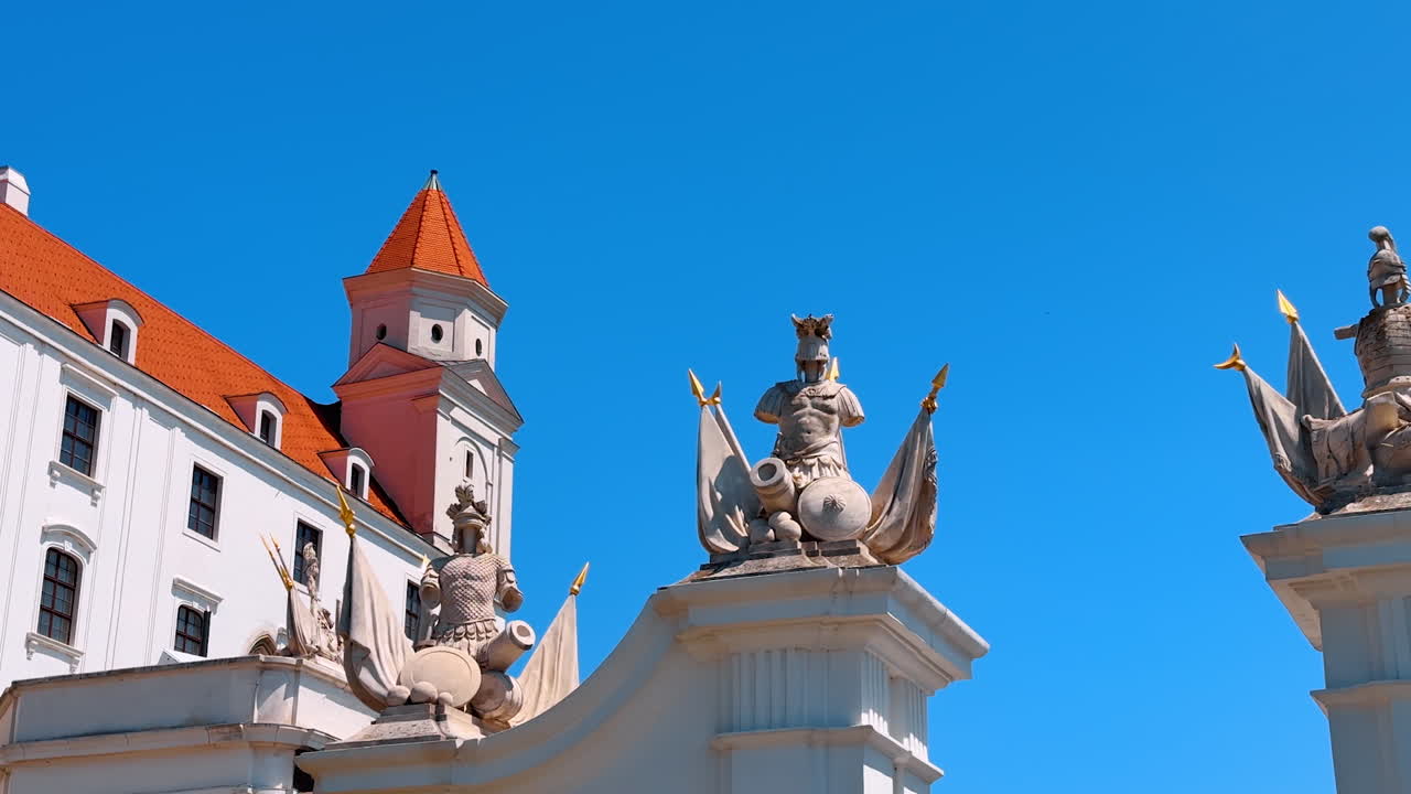 Beautiful decorative architectural elements ornamenting the old gates. Low angle view. Bratislava castle in the capital of Slovakia