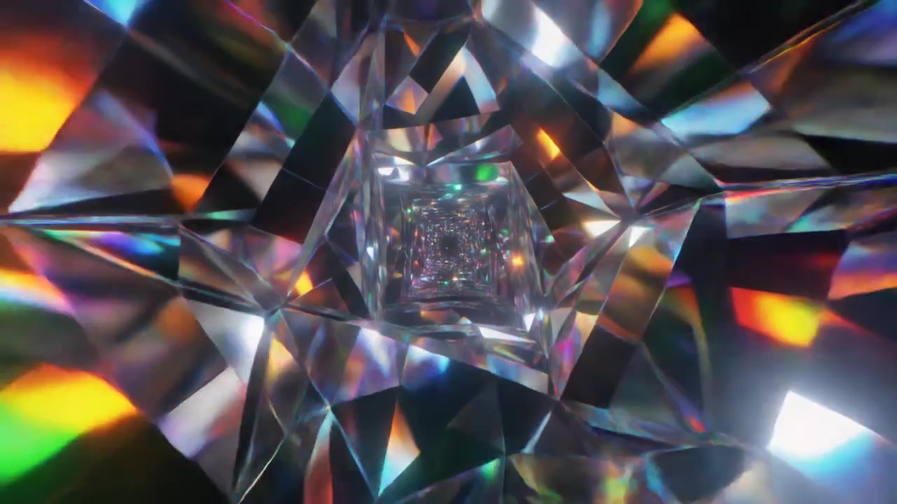 Tunnel astratto di sfaccettature di diamante rotanti con rifrazioni di luce colorate