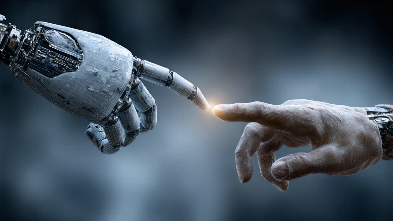 A Captivating Moment of Connection Between Human and Robot: The Artistic Depiction of Touch and Innovation Blending Two Worlds Together in Harmony