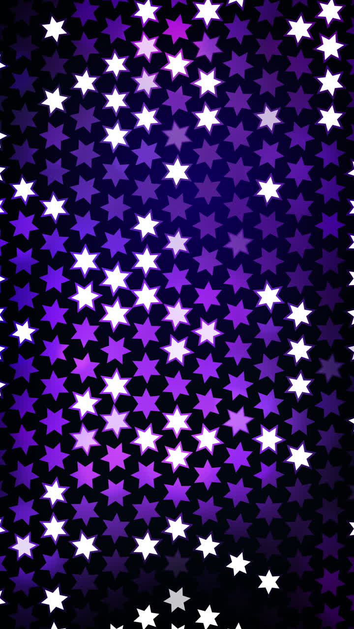 Dark purple, pink background with sky stars shape. Glitter abstract loop animation with colored stars. Vertical video.