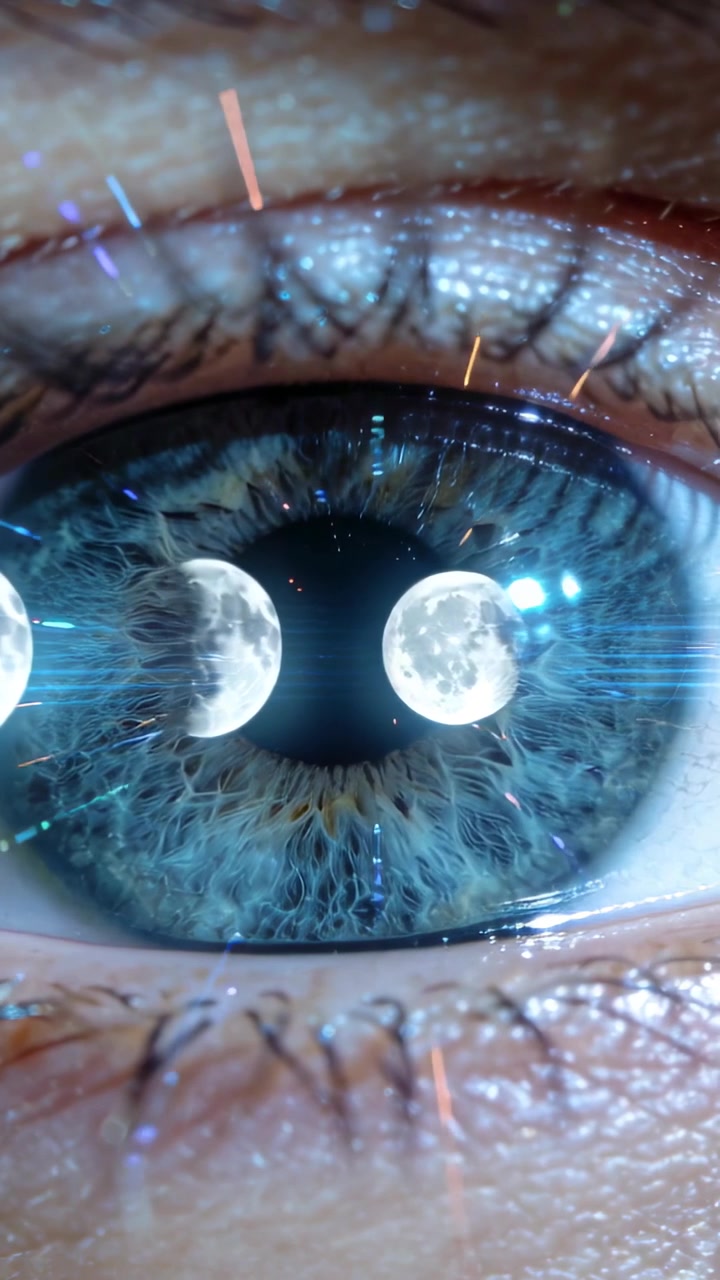 Video verticale: Primo piano di un singolo occhio che mantiene lo sguardo, con un overlay che mostra le fasi lunari che scorrono.