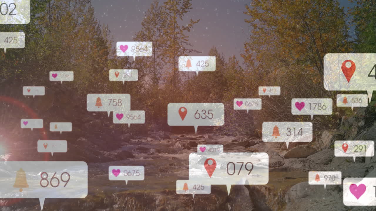 Animation of social media notifications floating over serene forest and river landscape