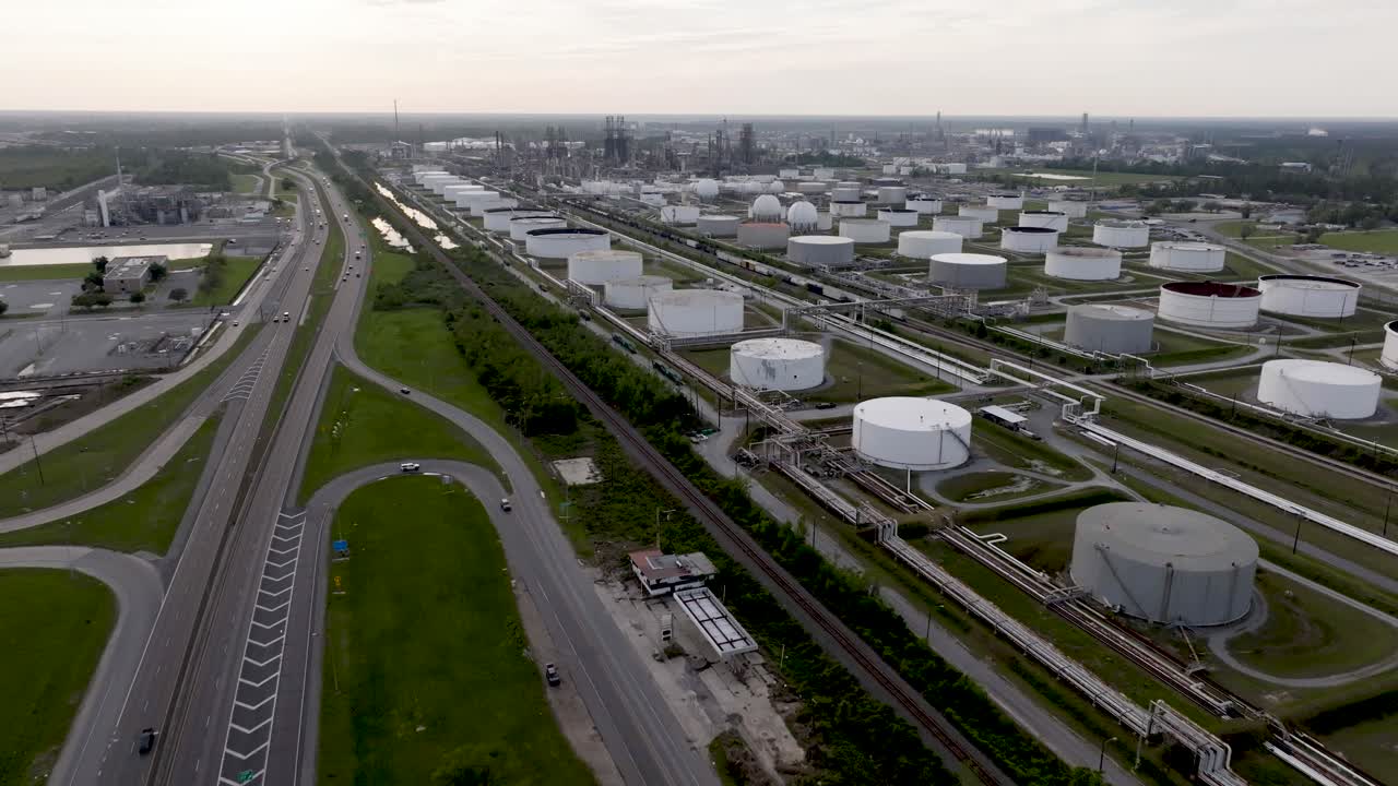 루이지애나 주 찰스 호수에 있는 석유 정유 공장. 드론 비디오가 들어오고 있습니다.