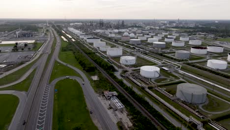 oil refinery in lake charles, louisiana with wide shot drone video moving in