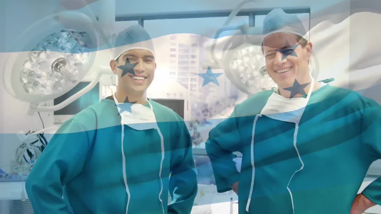 Animation of flag of honduras waving over surgeons in face masks