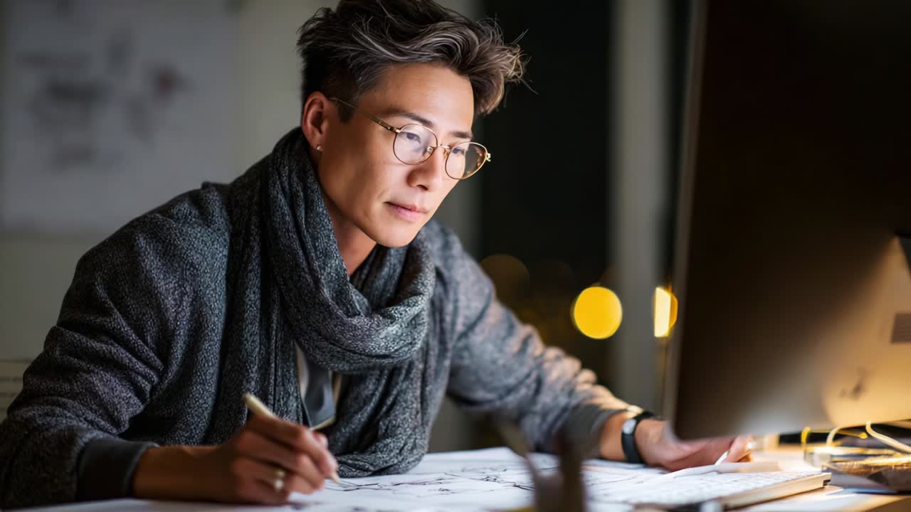 Focused individual working intently on creative designs and sketches at a well-lit workstation, showcasing dedication and artistry in a cozy, nocturnal environment surrounded by soft lighting and a digital screen
