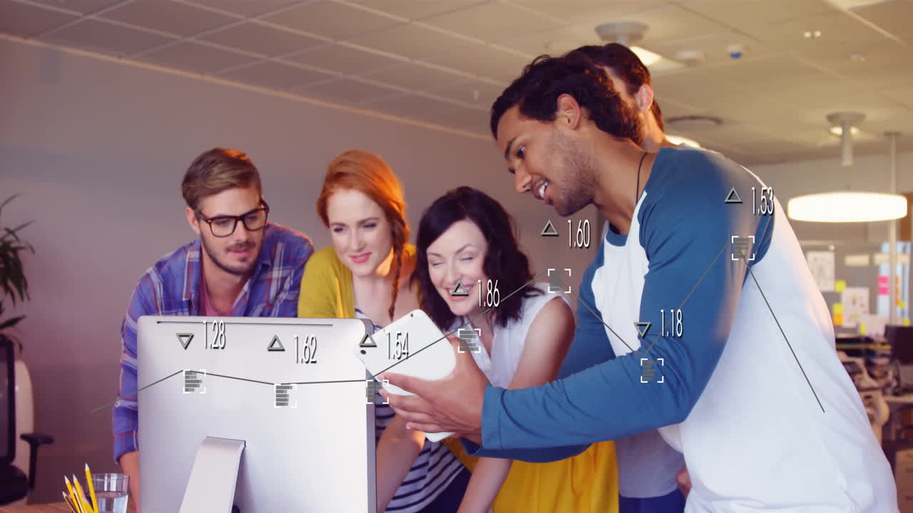 In school, colleagues collaborating on project with animation of digital data overlay