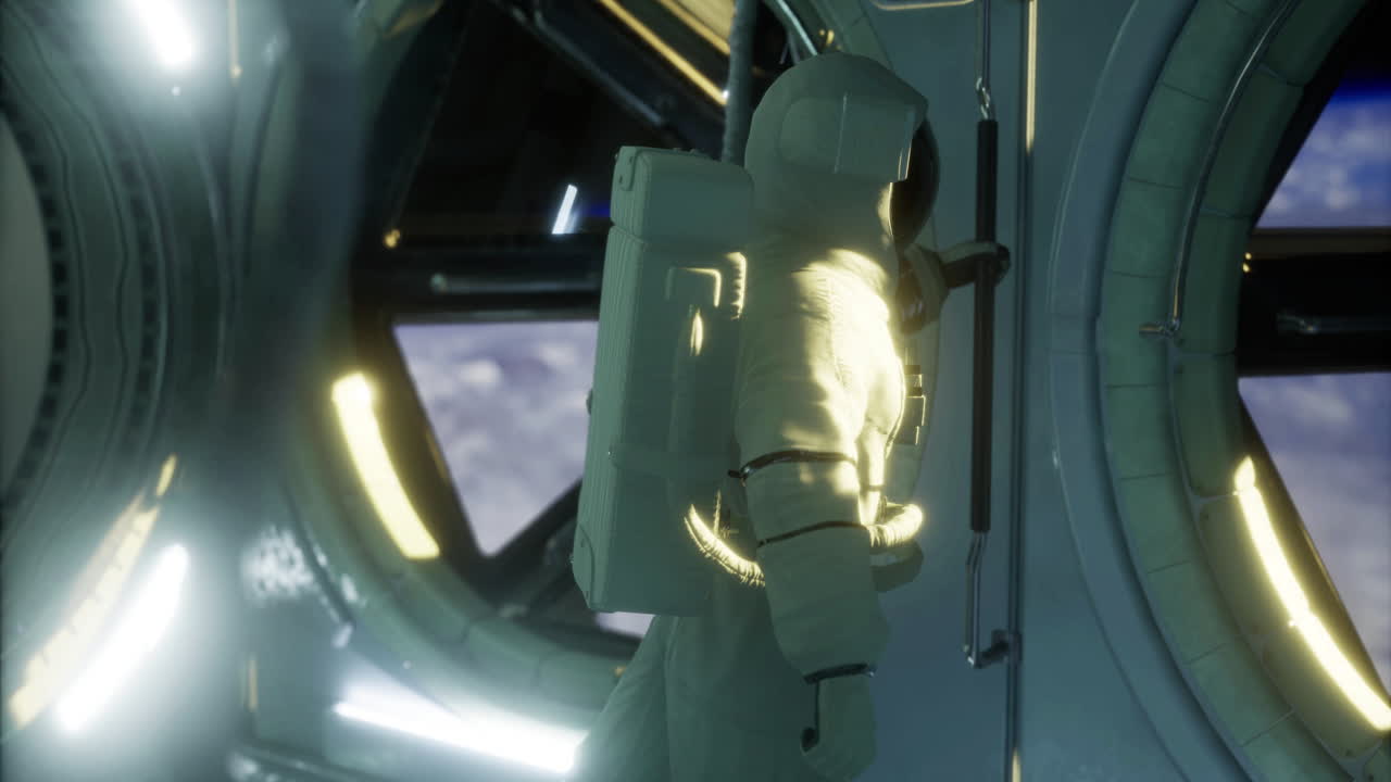 Astronaut exploring space station while gazing at earth in orbit