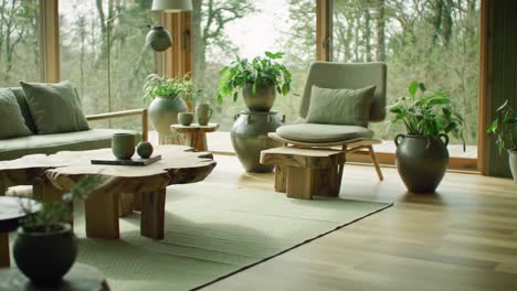 a tranquil modern living room filled with lush green plants, cozy furniture, and natural light creating a serene ambiance for relaxation and reflection