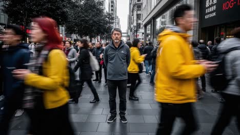 man standing still amidst blurry city crowd