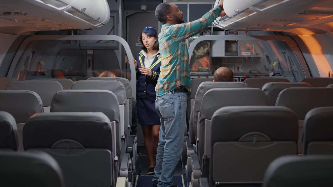 Diverse passengers boarding on airplane to fly in economy class