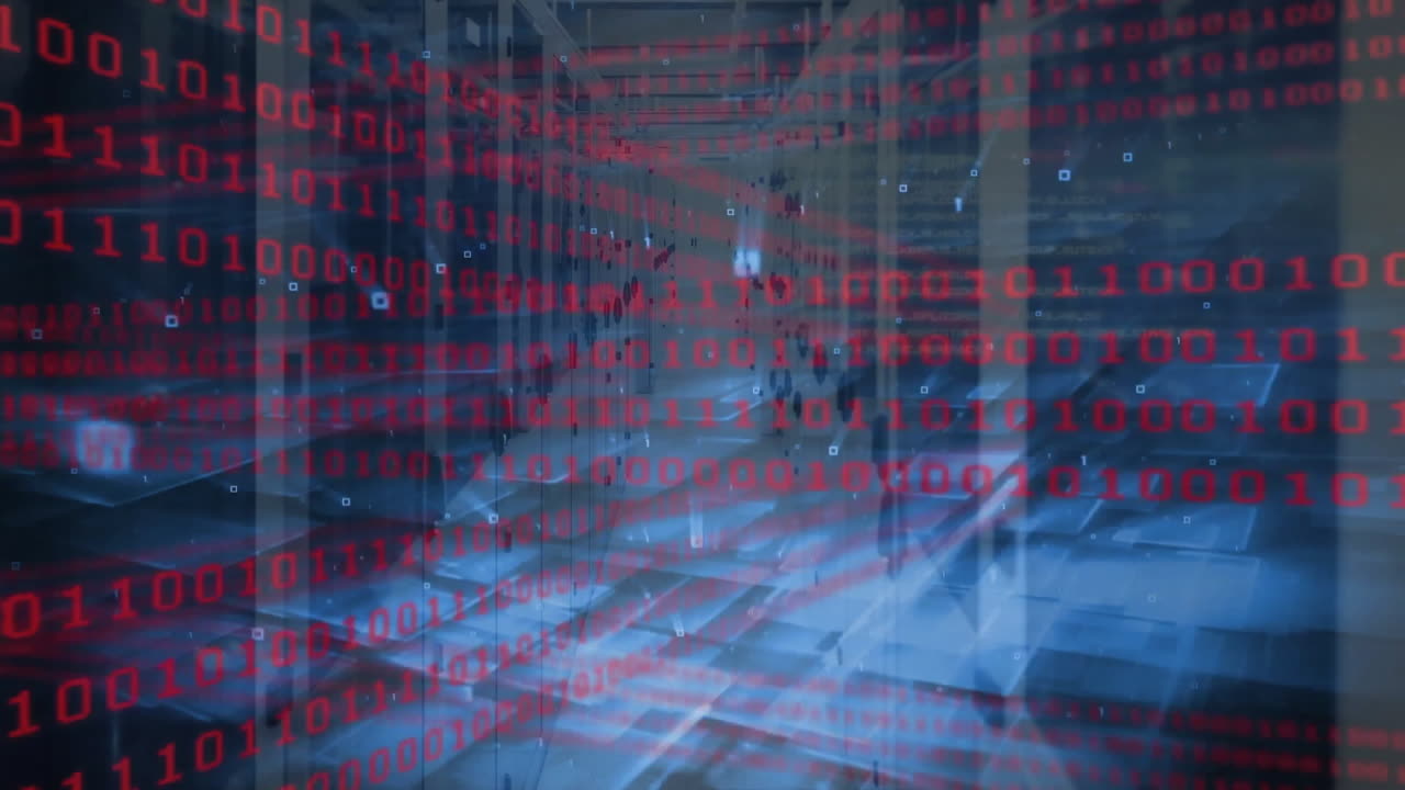 Red binary code animation over modern data center with blue lighting