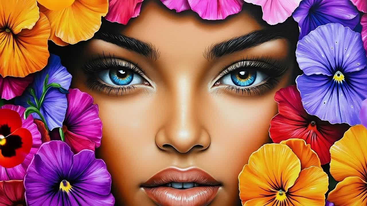 A woman with blue eyes surrounded by flowers