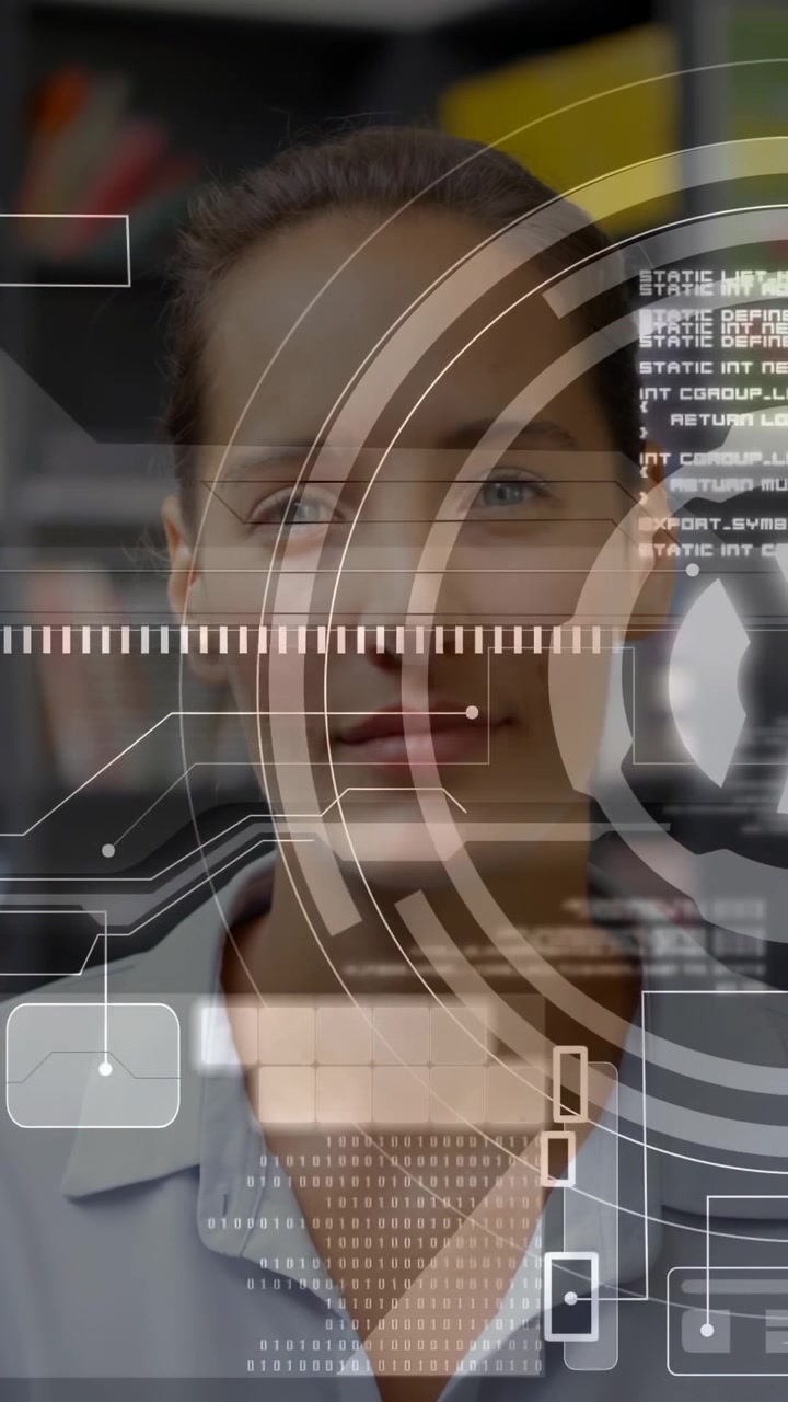 Vertical video: Woman presenting tech while HUD appearing over face animating rings and bars