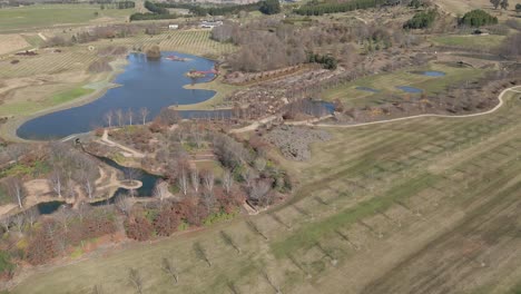 aerial view of a landscaped scenic nature in cultivated nursery and garden of mayfield park, oberon, new south wales, australia