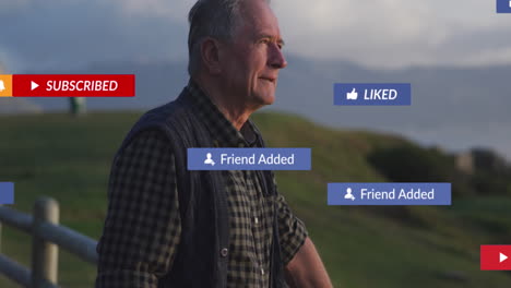 animación de texto e iconos de las redes sociales sobre el hombre caucásico por el mar