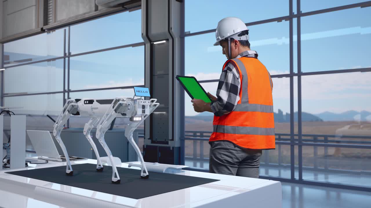 ingeniero observando un perro robot en una fábrica moderna