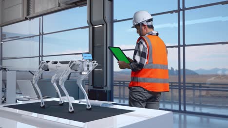 ingeniero observando un perro robot en una fábrica moderna