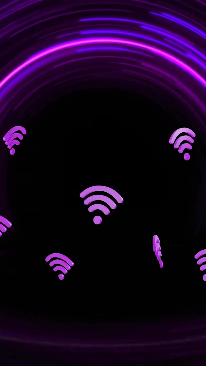 Animazione di icone wifi e scie luminose al neon su sfondo nero