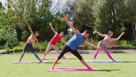 Grupo-Diverso-Practicando-Yoga-Con-Un-Instructor-Masculino,-Parado-Sobre-Colchonetas-En-Un-Parque-Soleado