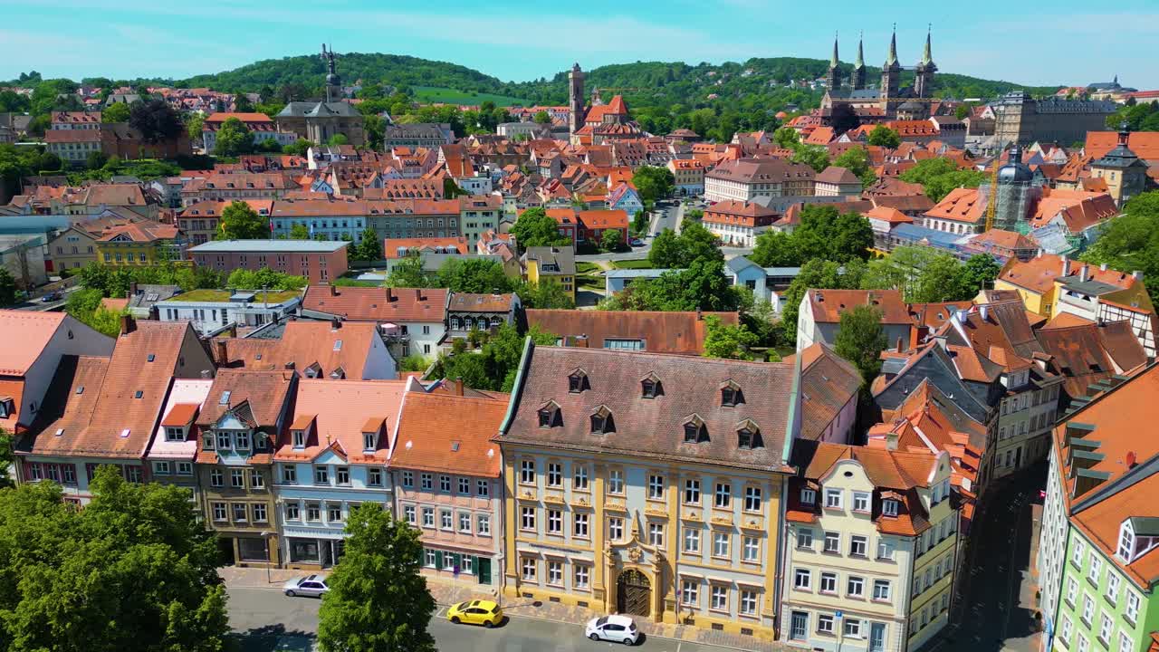4K Aerial Drone Video of the Historic Castle, Cathedral, Abbey and Church along the Regnitz River in the Old Town area of Downtown Bamberg, Germany