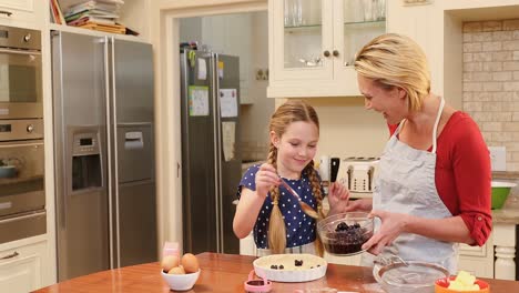 Playful-mother-and-daughter-putting-berries-over-dough-4K-4k