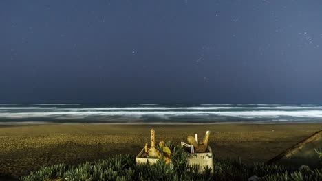 estrellas por la noche con la constelación de orión moviéndose sobre la playa en el mar mediterráneo, italia