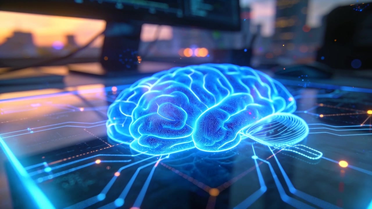Zooming camera revealing holographic blue brain gaining depth above circuit glass desk for analysis