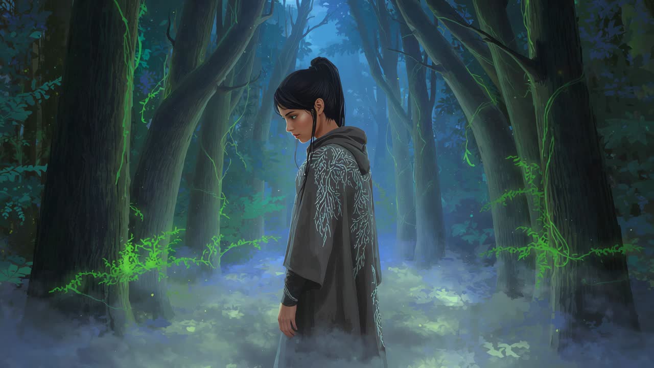Glowing orb appearing Asian woman in hooded cloak lifting head, turning, walking into foggy forest