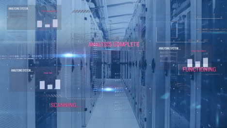 animación del procesamiento de datos y columnas móviles sobre la sala del servidor