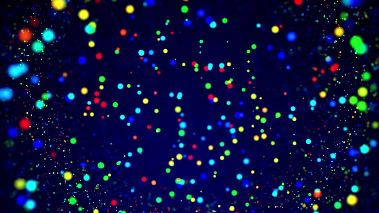 魔法の粒子が液体に浮かびボケエフェクトドーフ輝く多色粒子が水中を円形に回り滑らかに美しい雲を形成し光の効果アルファチャネルとしてマットなルマ