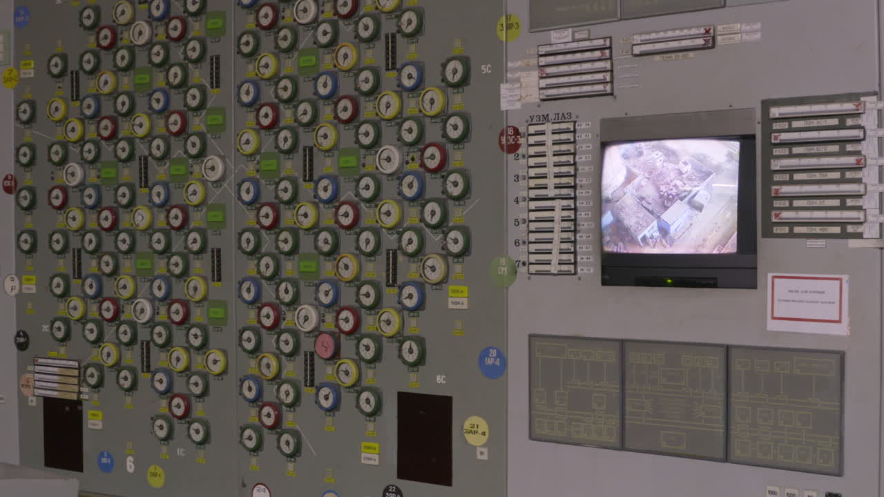 Gauges And Controls In Chernobyl Nuclear Power Plant Control Room In Ukraine. Pan Left Shot