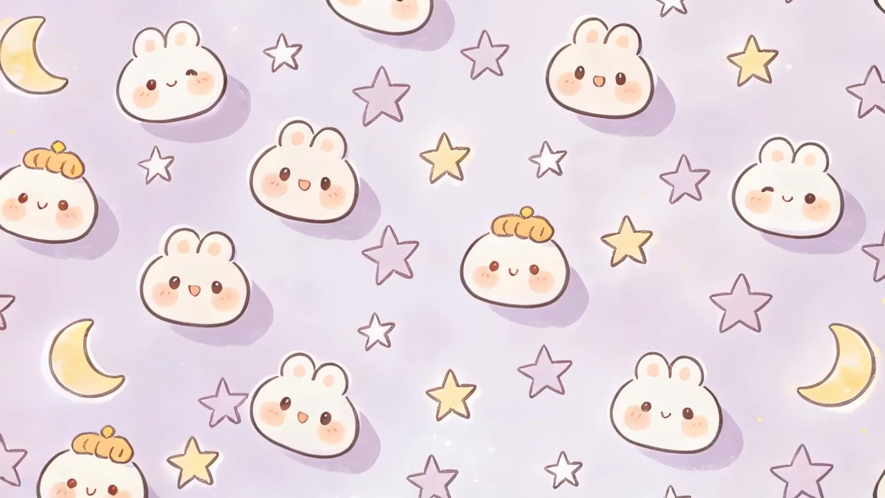 Volti di coniglietti kawaii in loop, lune, stelle e fiocchi che fluttuano su uno sfondo lilla per decorazione.