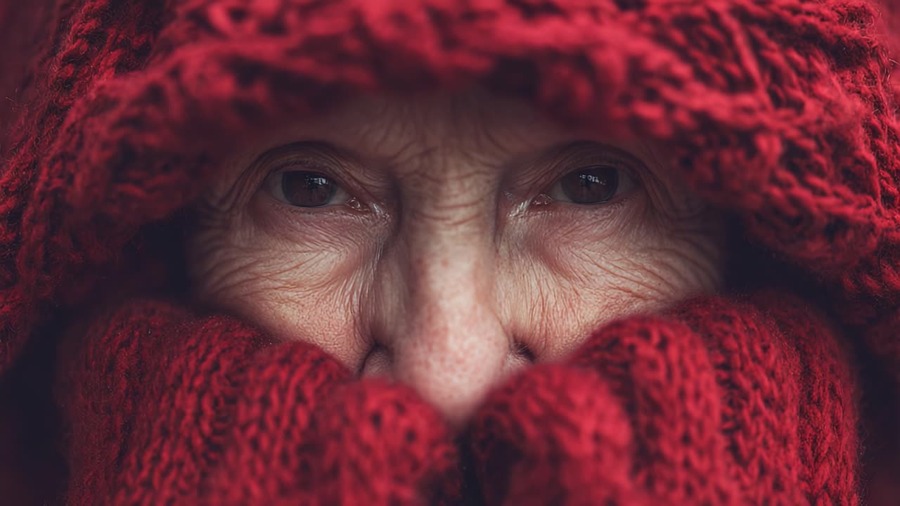 An Intimate Portrait of Resilience: A Close-Up of an Elderly Woman with Expressive Eyes Wrapped in Cozy Red Knits, Capturing Depth and Emotion Through Layers of Warmth
