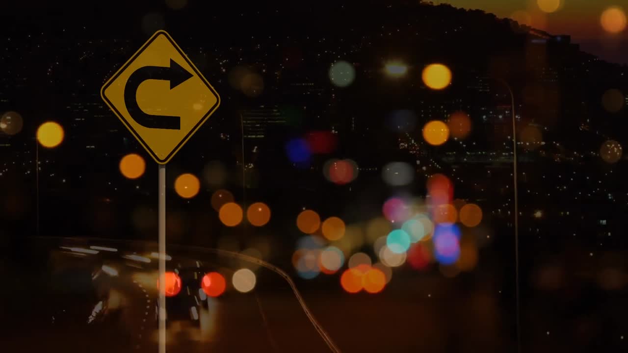 도로 표지판 과 도시 위 의 점 들 의 애니메이션