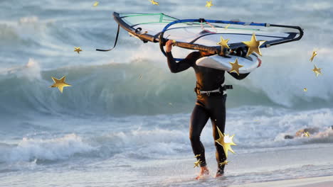 windsurfer walking from surf at sunset, carrying board with animated stars for sports marketing
