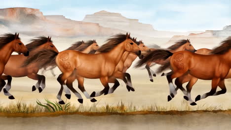 herd of running wild horses in a mountain landscape